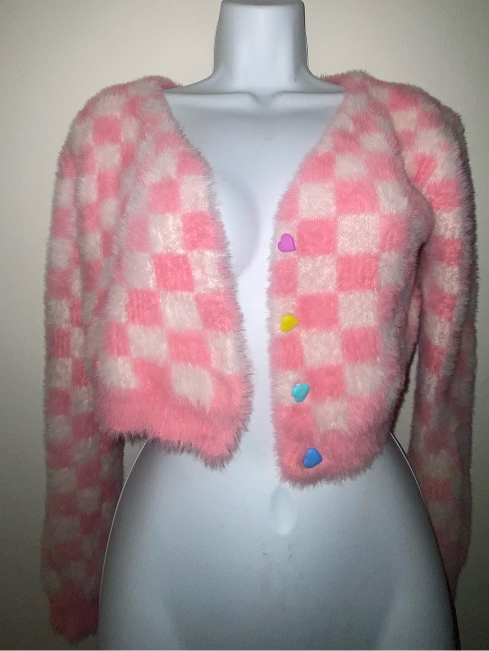 Pink Checkered Fuzzy Cardigan with Heart Buttons